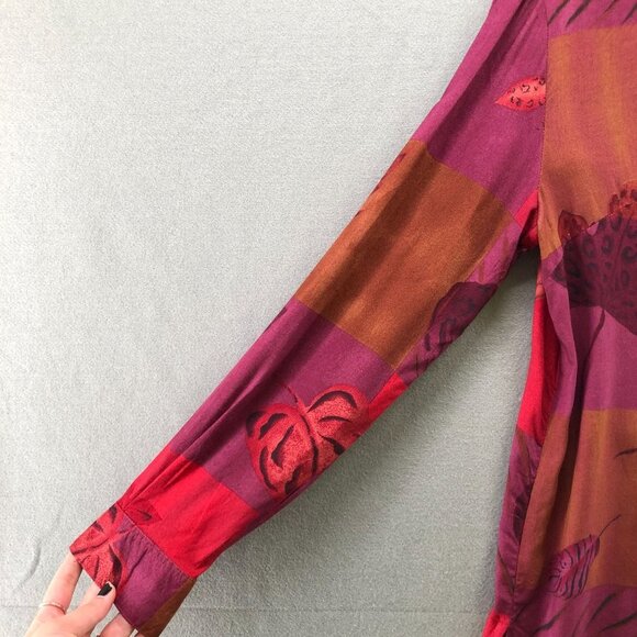 VTG Long Sleeve Blouse Womens L Leaf Print Rayon Wine Red Twee Quirky Unique - Picture 5 of 10